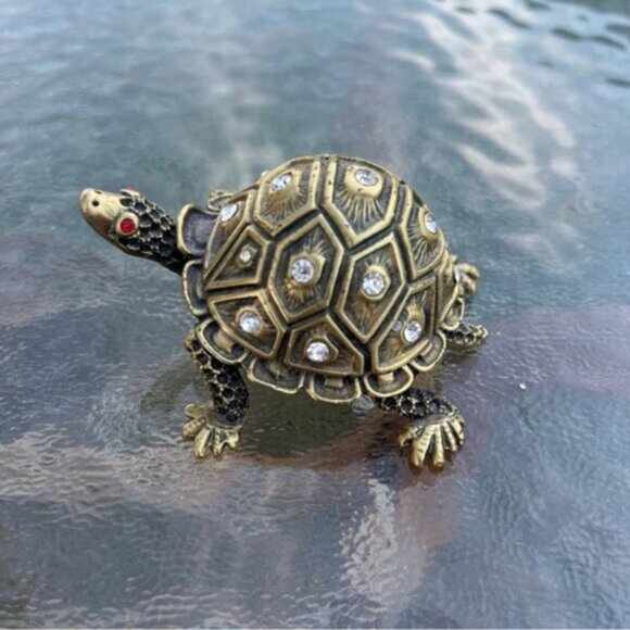 Metal Turtle Trinket Box with Crystals & Marbled Enamel Lined - Picture 3 of 7